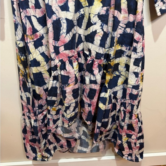 Busayo‎ Abstract Printed Midi Shirt Dress High Low Hem XS Navy Pink Yellow - Picture 5 of 7